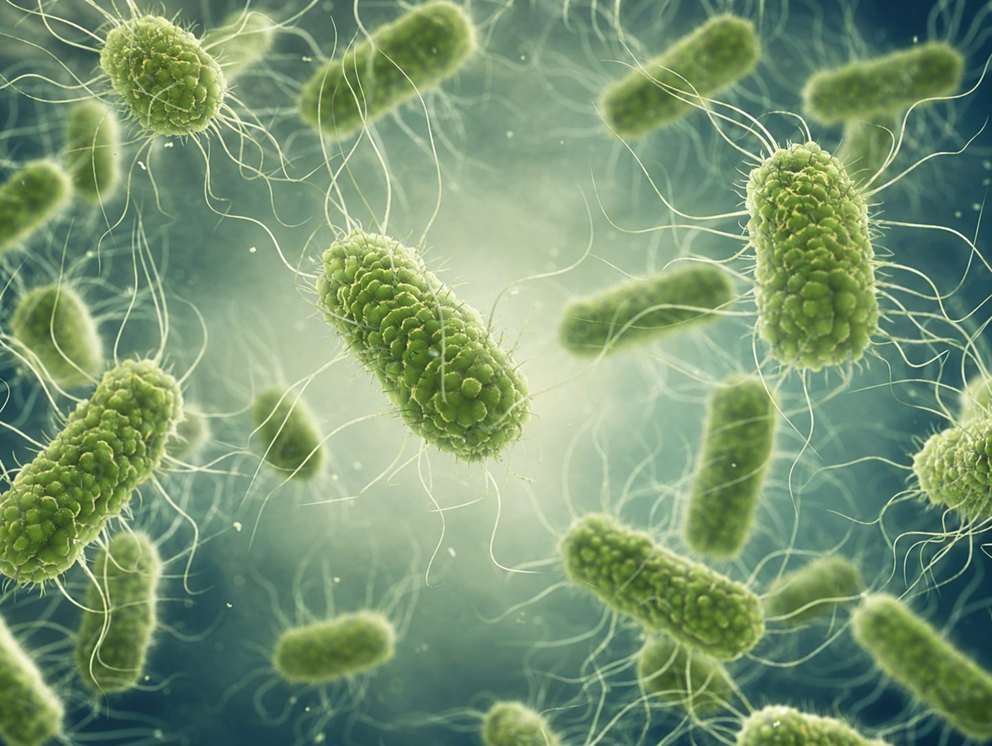 Green, rod-shaped Gram-negative bacteria with trailing flagella